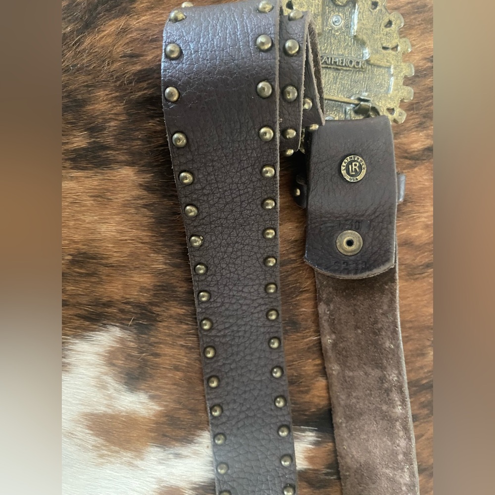 EUC Vintage LEATHEROCK Soft Brown Leather Brass Belt and Buckle Set - Picture 4 of 4